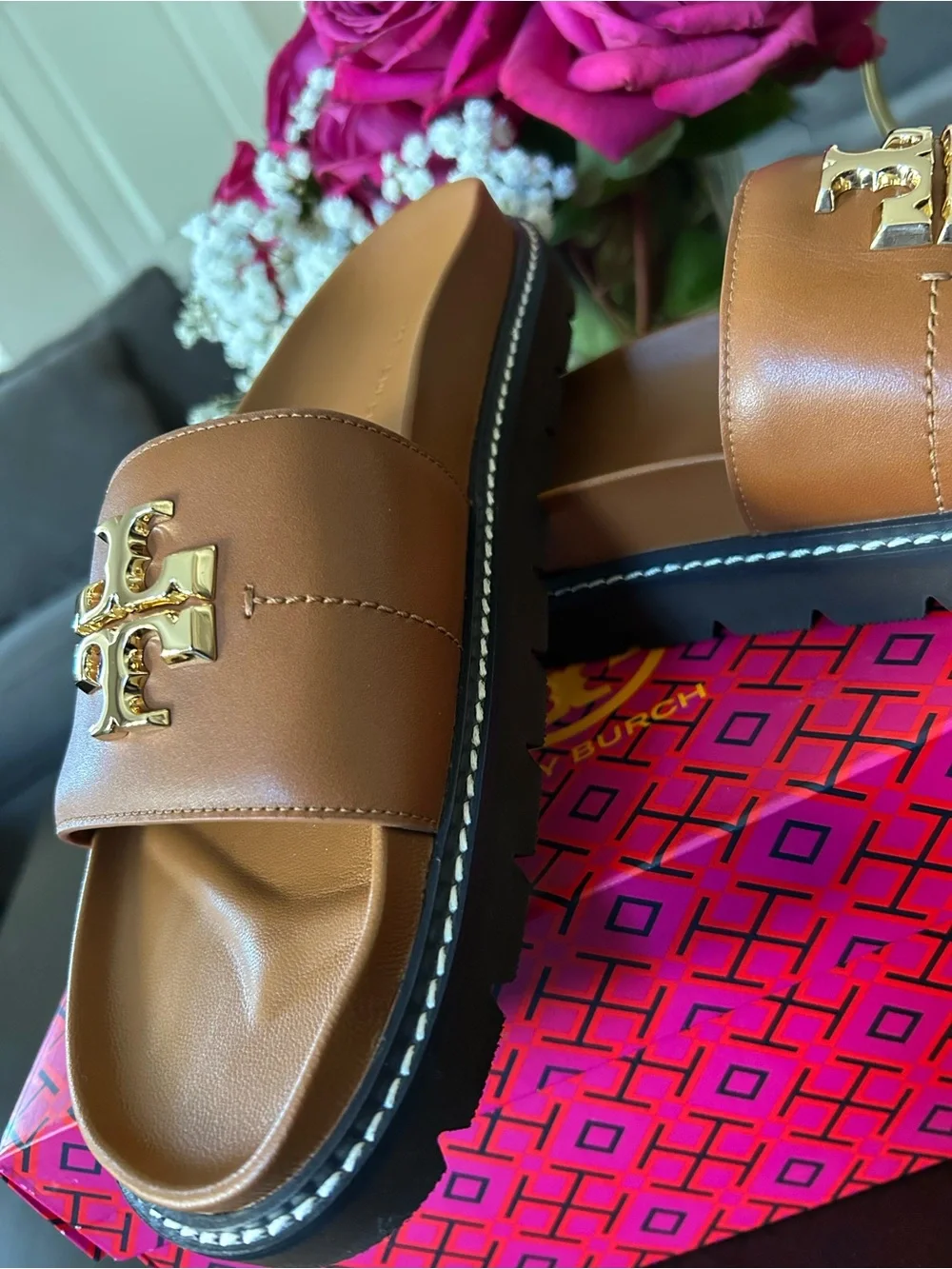 Tory Burch Tan Leather Slide Sandals with Gold Logo
